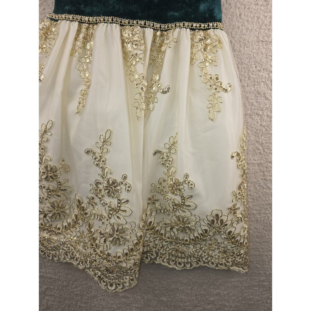 Biscotti Collezioni Girls Green Velvet and Ivory Gold Embroidered Formal Dress 6 - Picture 4 of 15